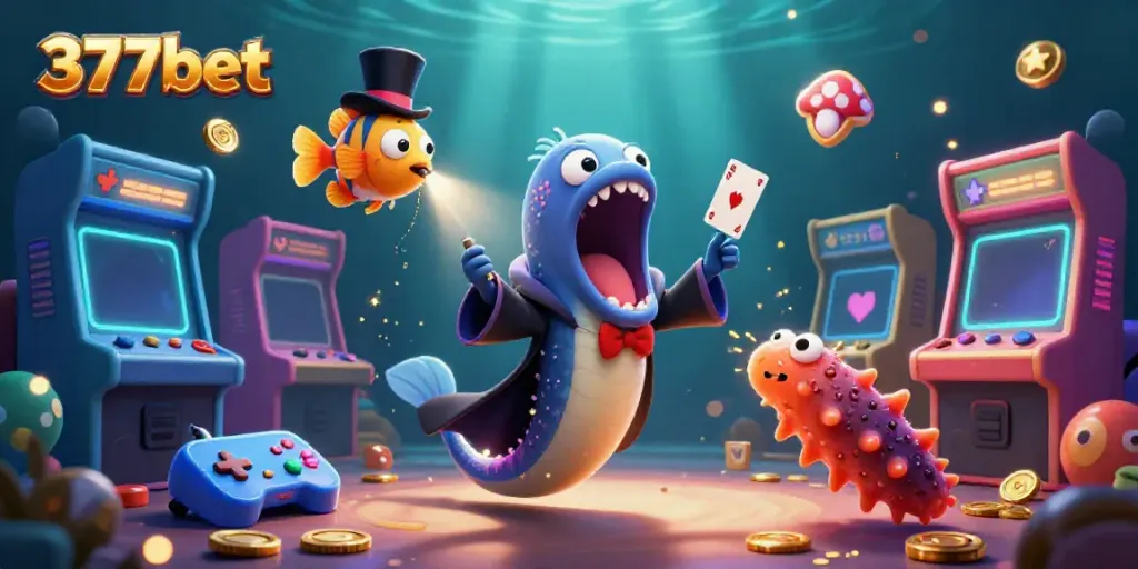 Engage in thrilling gaming at 377bet through a vibrant 3D casino illustration featuring oceanic characters and playful slots.