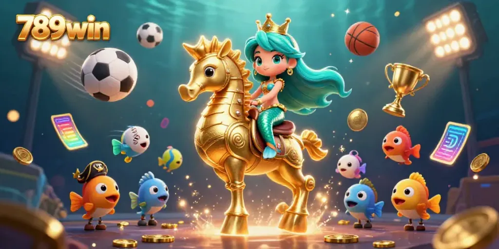 Experience the vibrant underwater world of 789win with a mermaid princess and her seahorse, amid colorful casino elements.