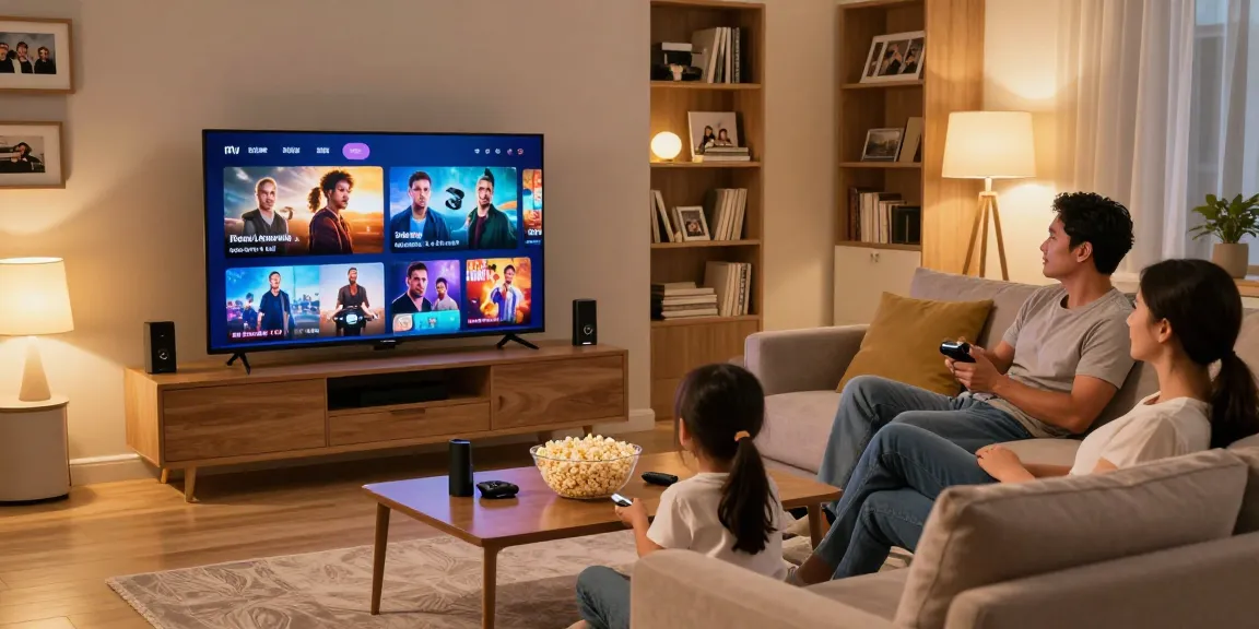 Família aproveitando conteúdo IPTV em uma sala de estar aconchegante.