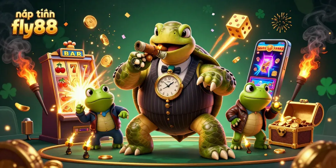 Experience nạp tiền fly88 with a vibrant 3D scene featuring a snapping turtle and bullfrog enforcers in a dynamic casino setting.