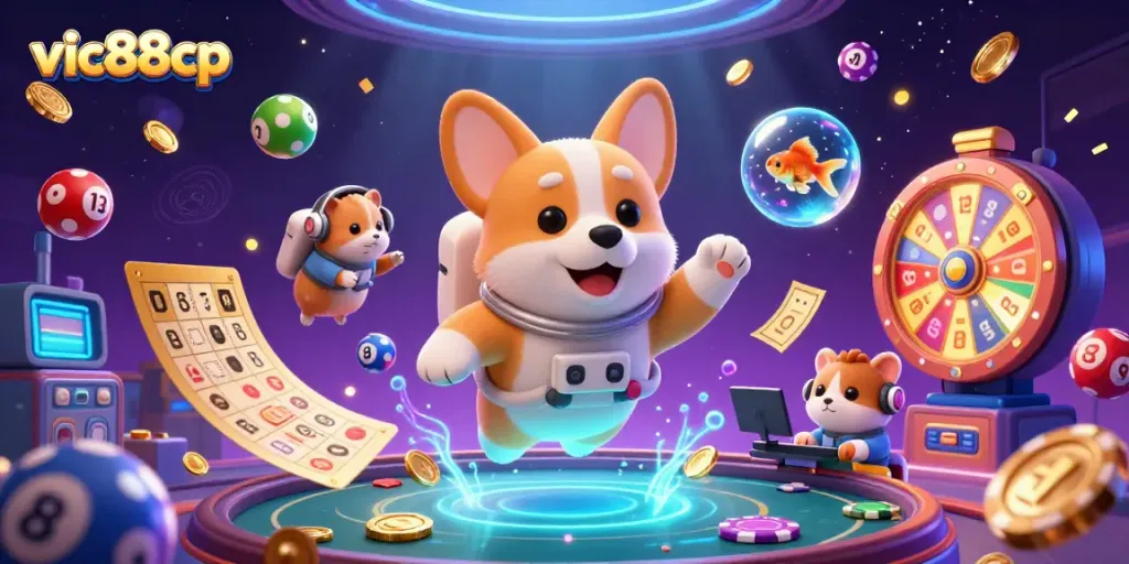 Experience the thrilling atmosphere of vic88cp with a floating astronaut corgi in a vibrant casino.