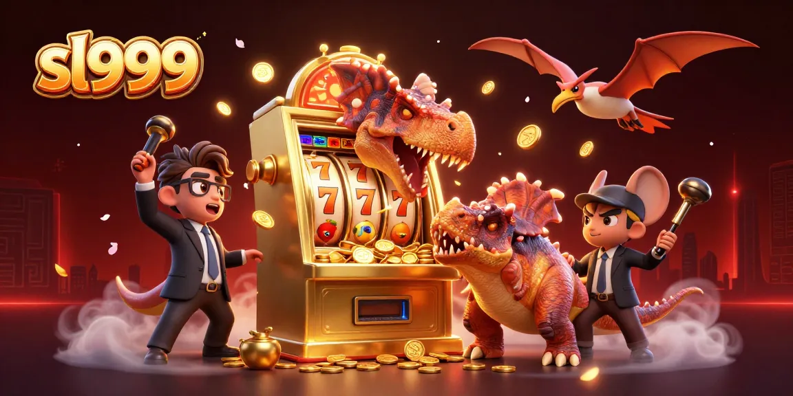 O sl999 ilustra um dinossauro cabeça-dura ganhando jackpots em uma máquina caça-níquel dourada, cercado por símbolos de jogo.