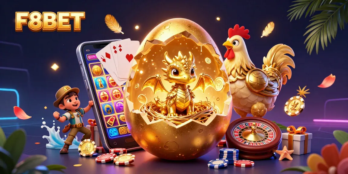 Engage with F8BET's vibrant casino atmosphere showcasing golden dragon and poker chips.