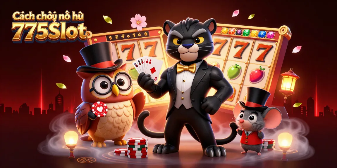 Engaging illustration of Cách chơi nổ hũ 777Slot featuring a panther dealer, an owl with poker chips, and a lucky mouse amidst rich casino symbols.