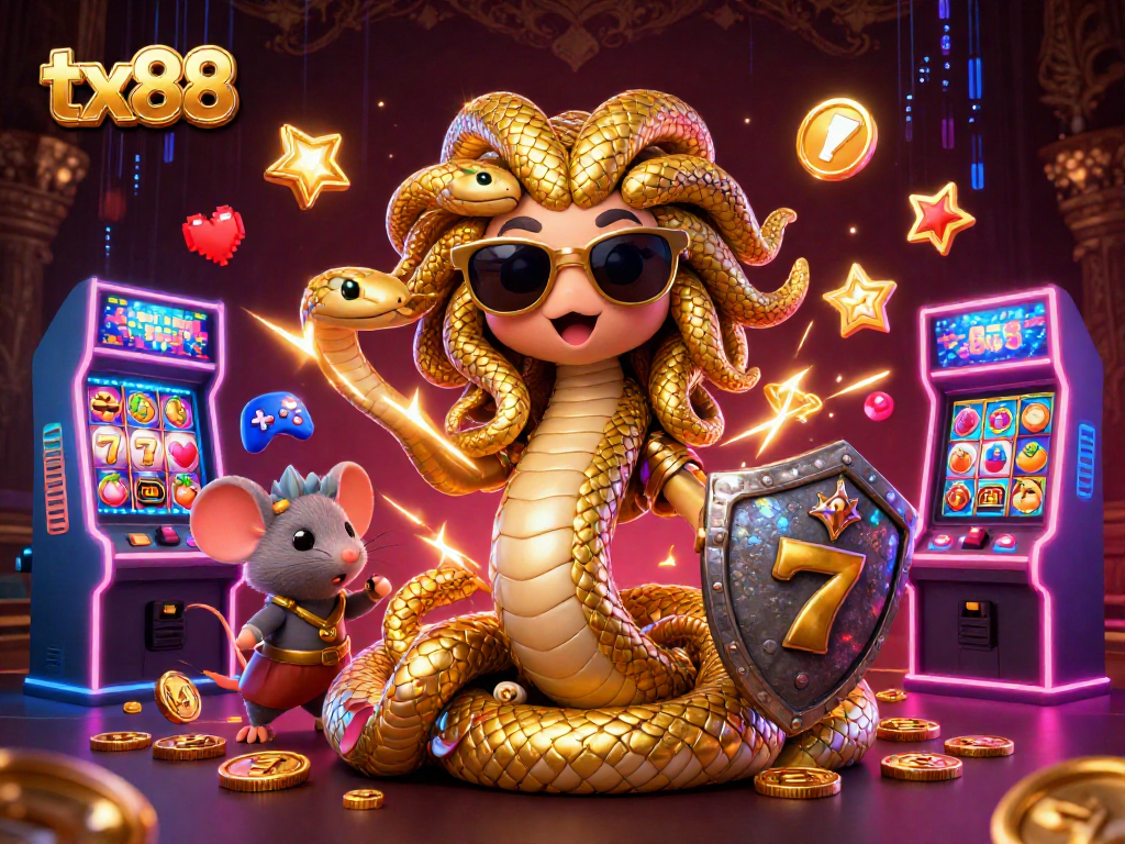 tx88 slot machines illuminate the scene with Medusa and warrior mouse amidst vibrant casino energy