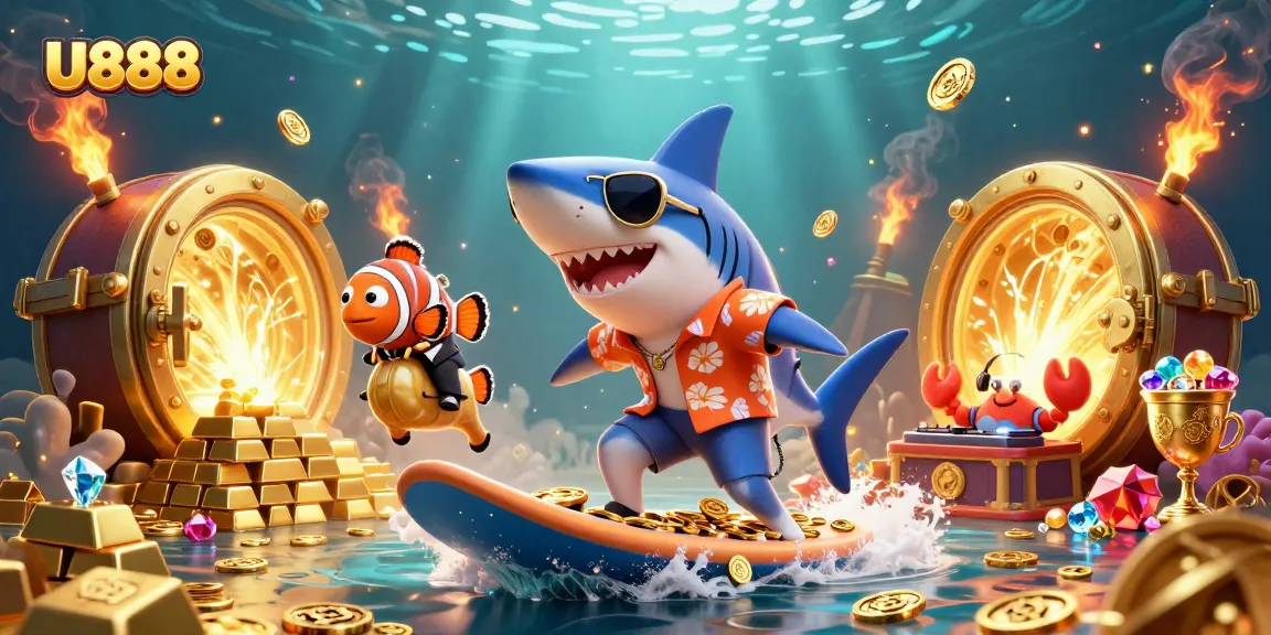Experience thrilling excitement with U888 as gold coins and treasures surround vibrant underwater characters.