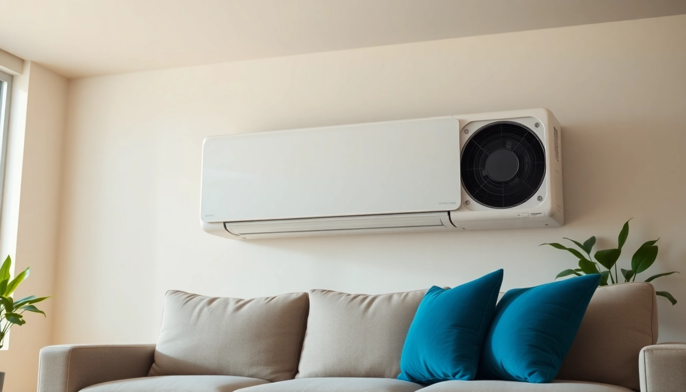 Install a mini split ac in a stylish living room with natural light and cozy decor.