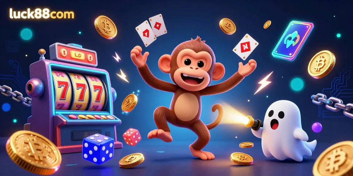 Engage with luck88com's vibrant casino scene featuring a playful monkey and curious puppy amidst jackpot action.