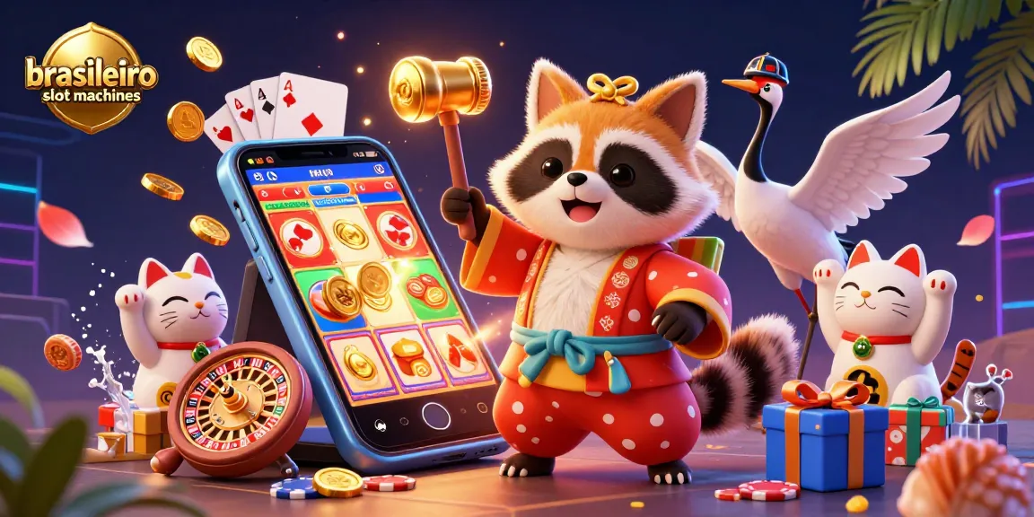 Spin the reels of brasileiro slot machines with cheerful tanuki and lucky symbols in a vibrant 3D scene.