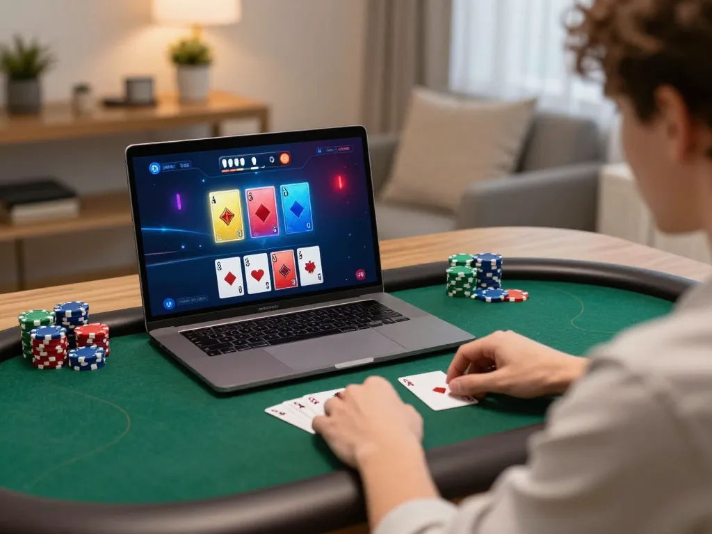 Player enjoying a thrilling poker game online on 99ok with vibrant digital graphics and relaxed setting.