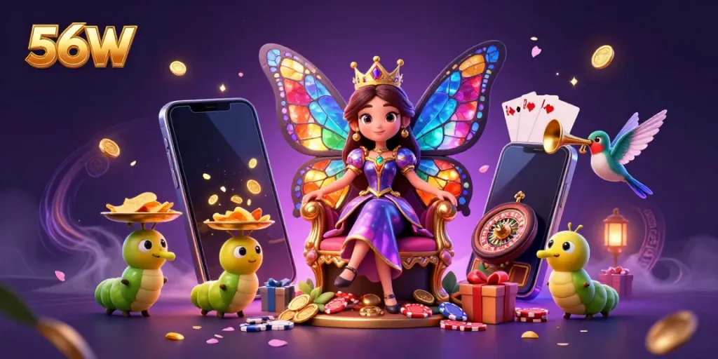 Engage with 56W's dynamic gaming world featuring a captivating butterfly queen, colorful games, and glimmering prizes.