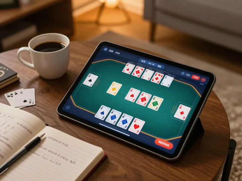 Engaged player strategizing at home using 559X online poker app while reviewing notes