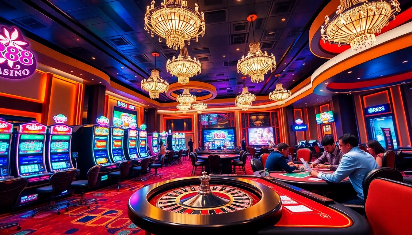 Experience the excitement of rr88 casino with players enjoying various casino games in a vibrant setting.