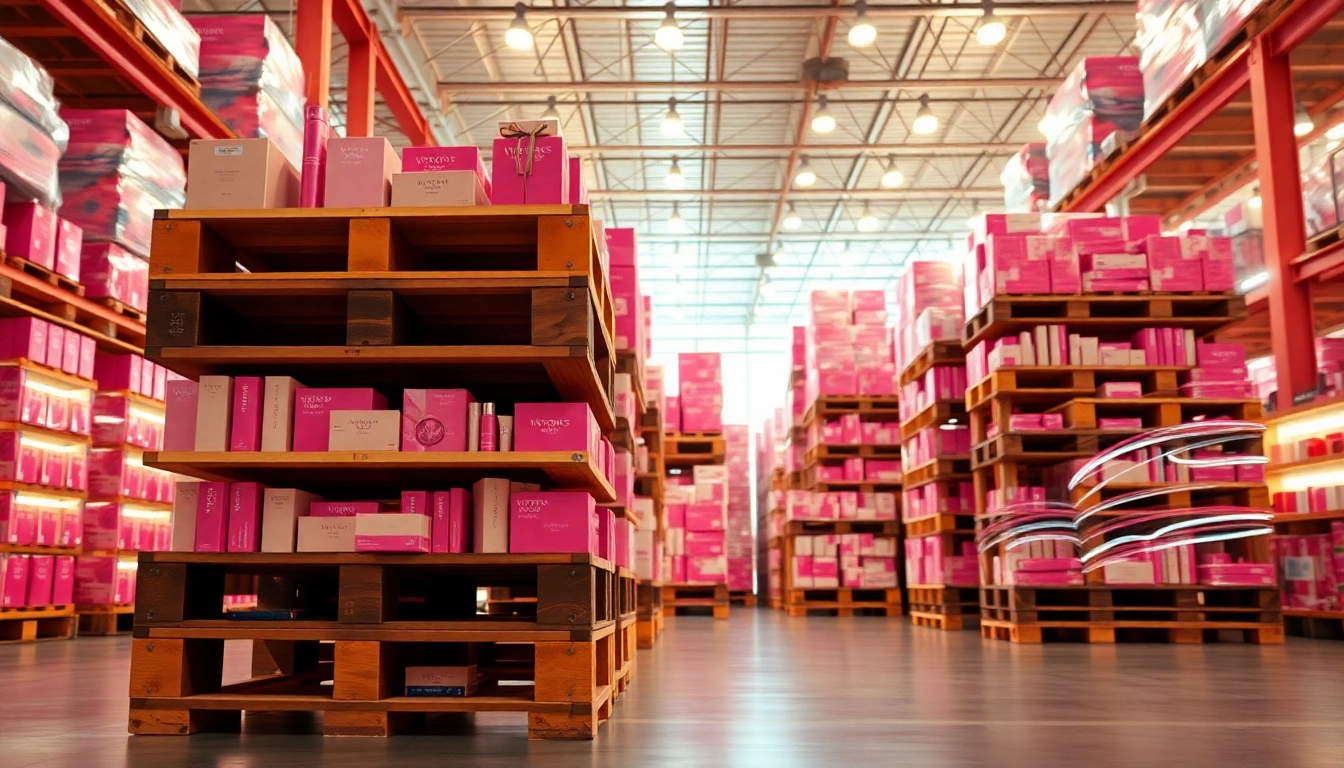 Showcasing stacked Victoria’s Secret Pallets filled with vibrant products in a bright warehouse.