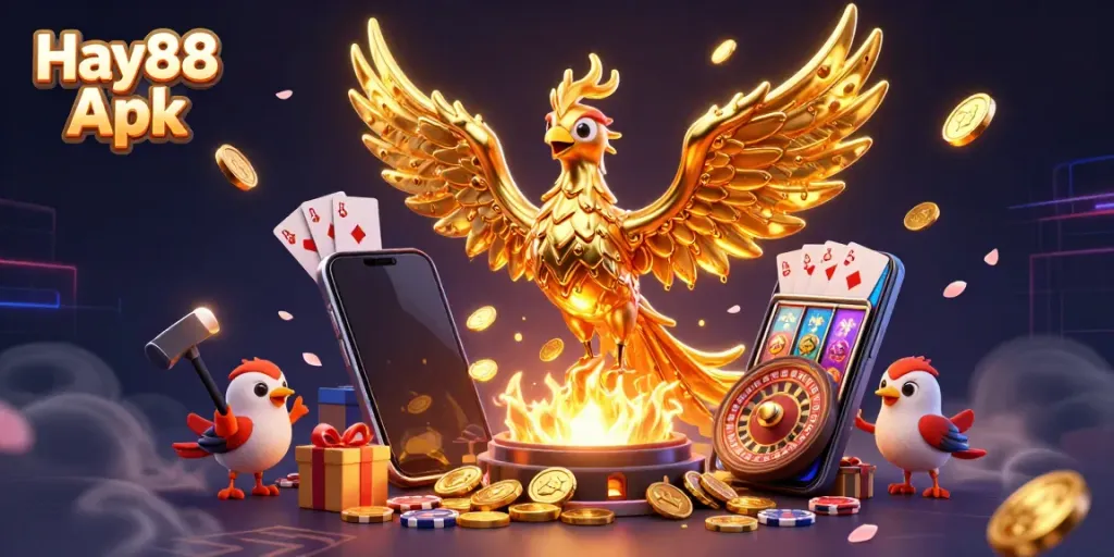 Enjoy thrilling gameplay with Hay88 Apk showcasing a golden phoenix and vibrant casino elements.