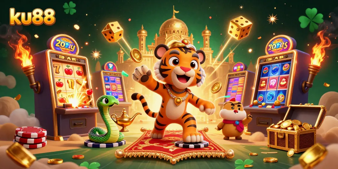 Experience the excitement of ku88 casino with a vibrant and dynamic illustration showcasing various gambling elements.