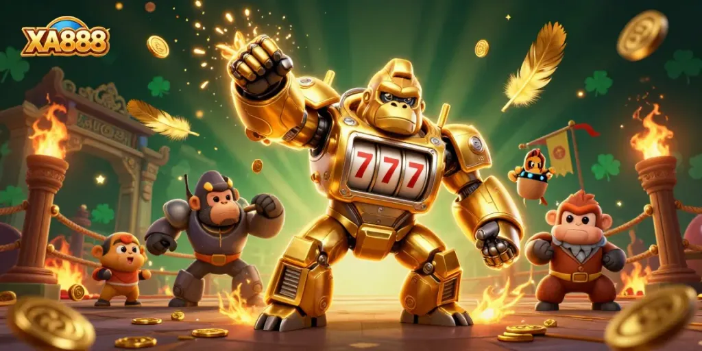 Experience the excitement of XA888 with dynamic gameplay featuring a golden gorilla mech surrounded by vibrant casino elements.