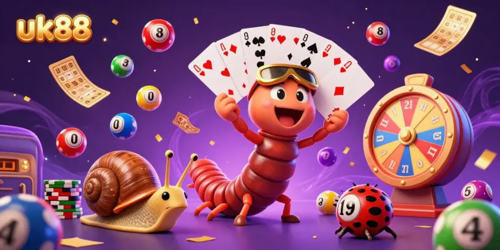 Experience exciting gameplay at uk88 with a whimsical 3D illustration featuring unique characters and vibrant casino elements.