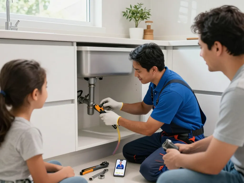 Encanador em São Paulo repairing plumbing under a kitchen sink with tools and bright natural light