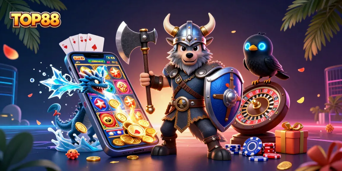 Experience thrilling slots action at TOP88 with a Viking warrior and dragon amidst dazzling casino elements.