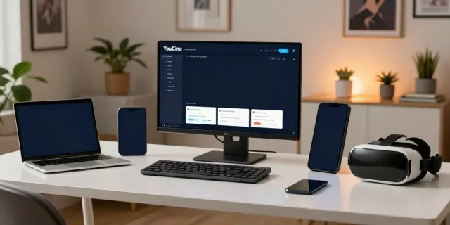 Ambiente de trabalho moderno com Youcine para PC em destaque, gadgets tecnológicos e luz ambiente aconchegante.