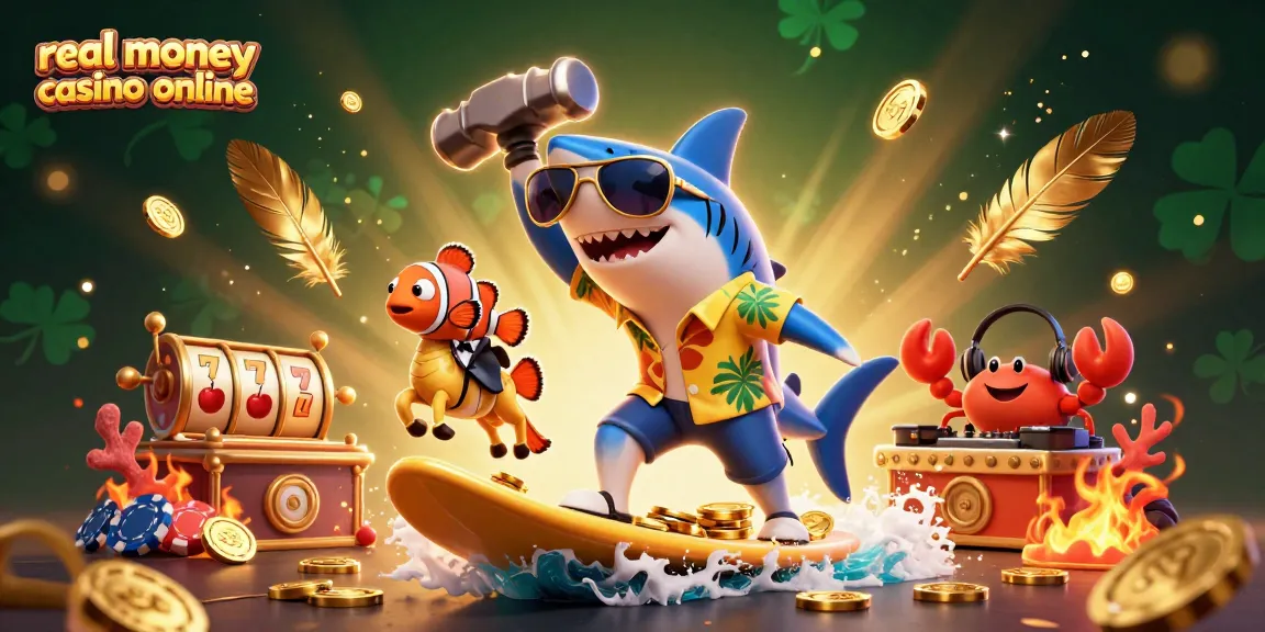 Experience real money casino online excitement with a fun shark character surfing coins and lively game elements.