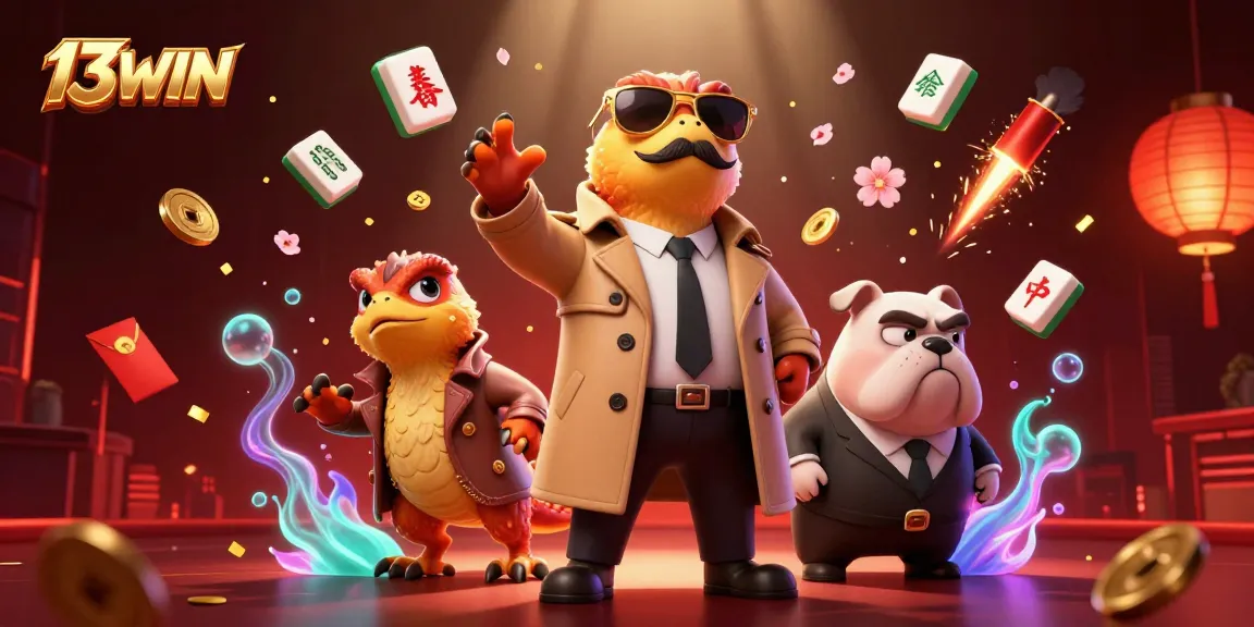 Experience 13WIN with playful raptors entering a VIP casino, surrounded by festive gaming elements.