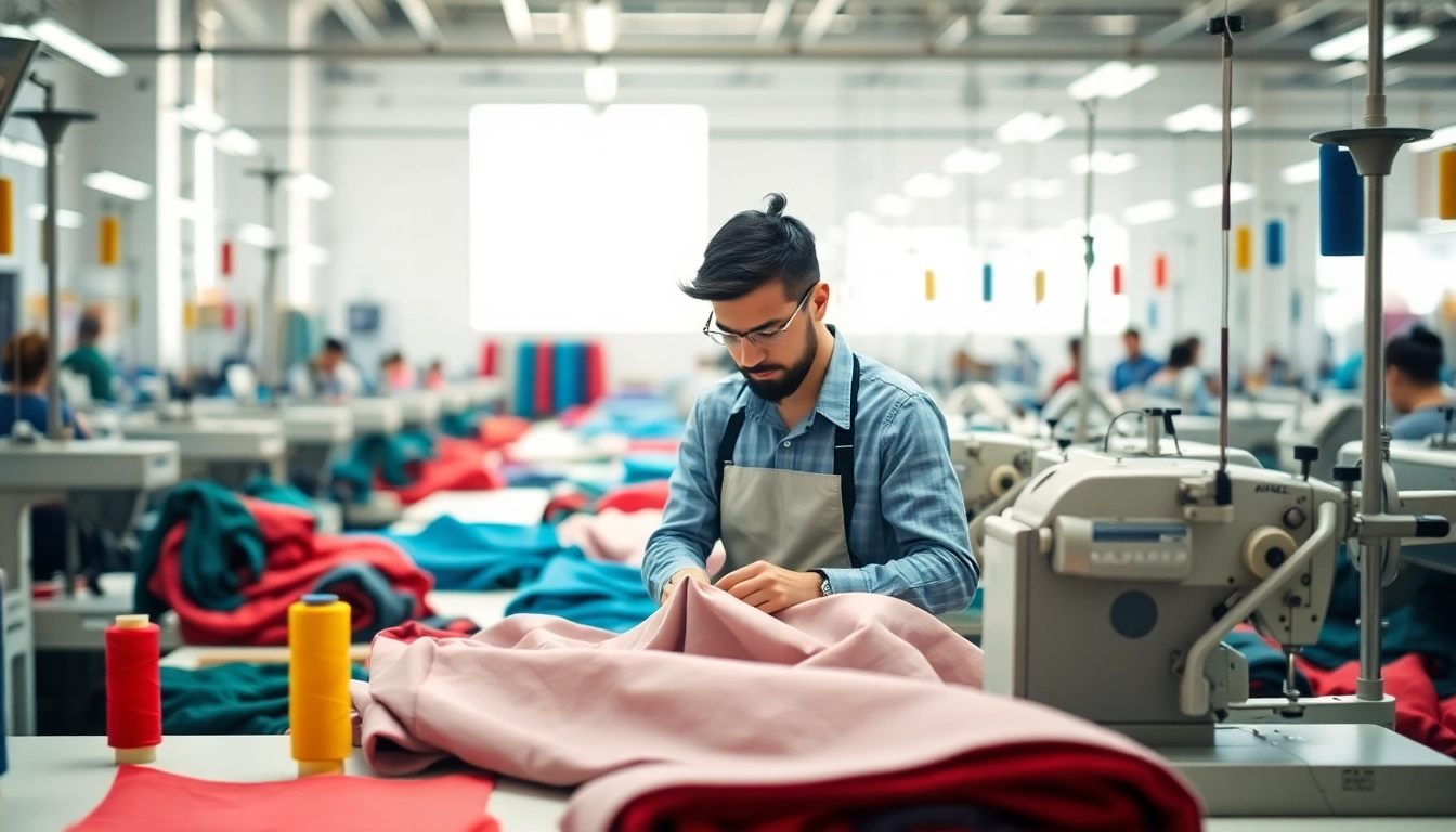Skilled workers at a clothes manufacturer showcase quality crafting in a vibrant textile factory.