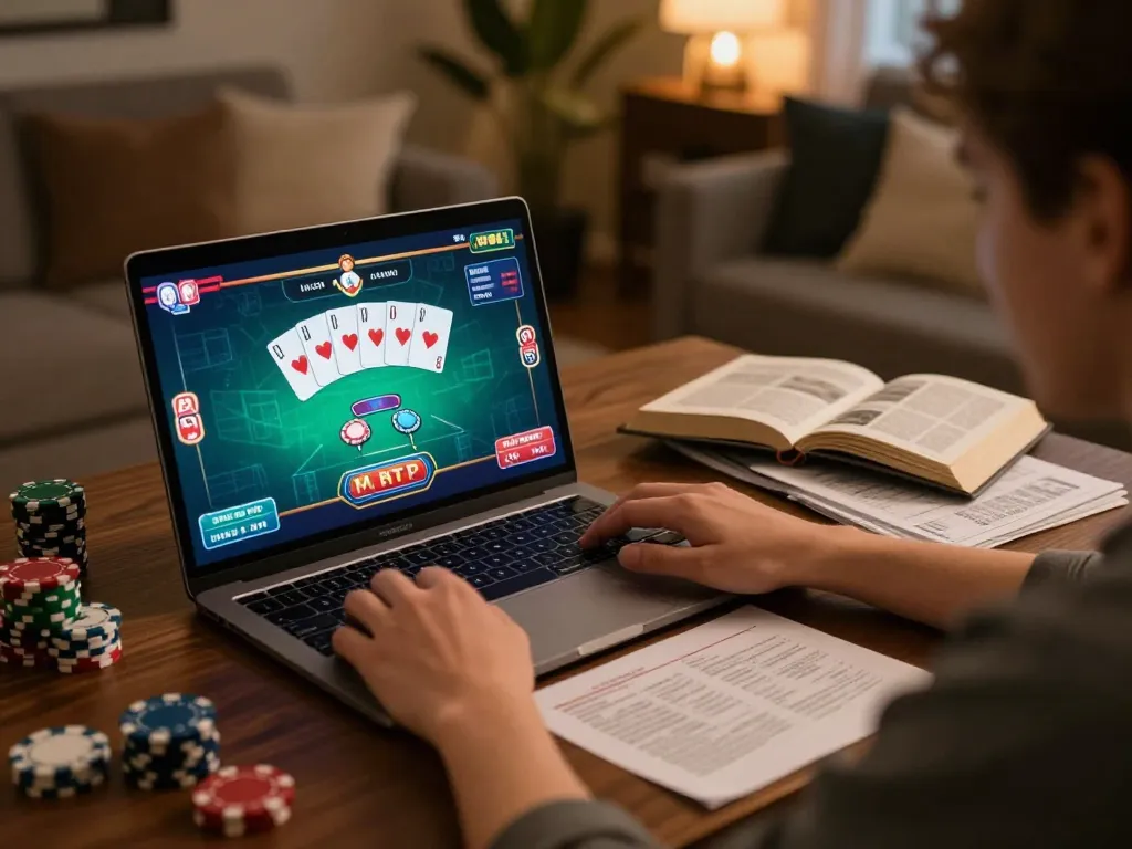 ONE88 player enjoying poker on a laptop, showcasing strategic gameplay from a cozy home setting