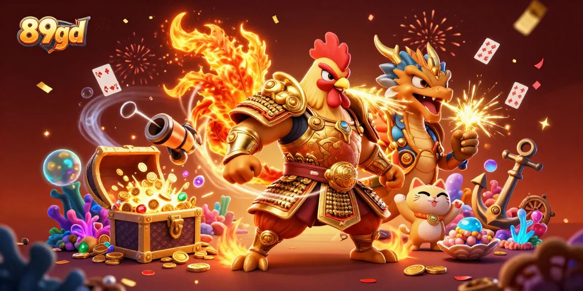 Engage in thrilling moments with 89bd as a rooster warrior sides with a dragon hatchling in a dynamic casino scene.