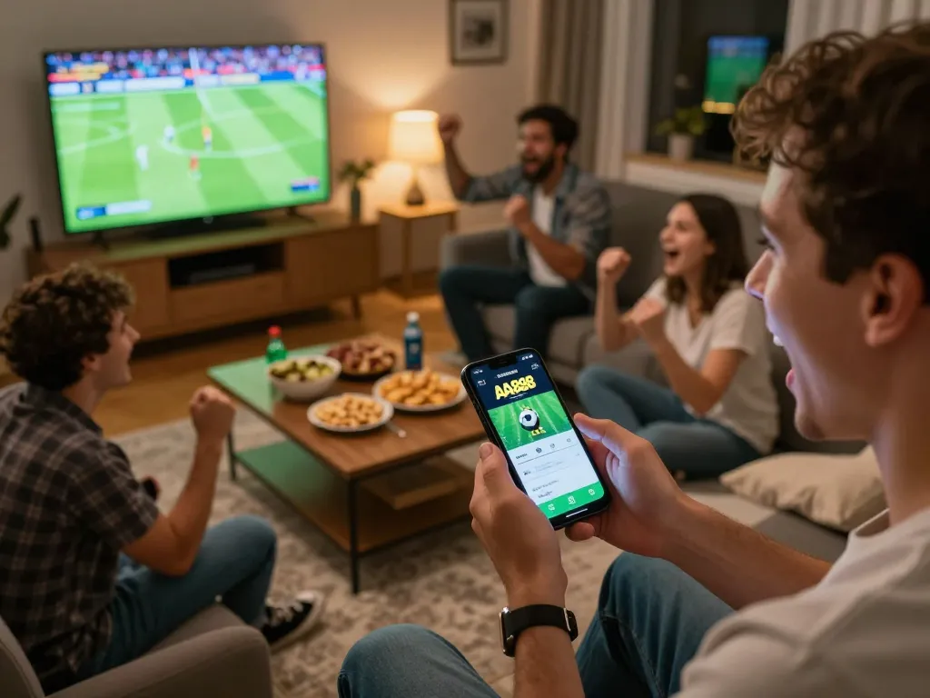 Engaged user using AA888 app for live sports betting in a lively home environment.