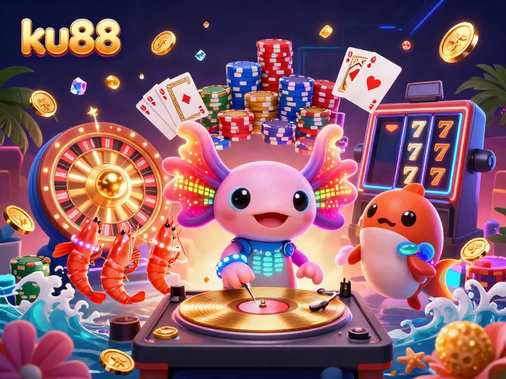 Experience the vibrant atmosphere at ku88 with a dynamic scene depicting a neon axolotl DJ, golden coins, and colorful gaming elements.