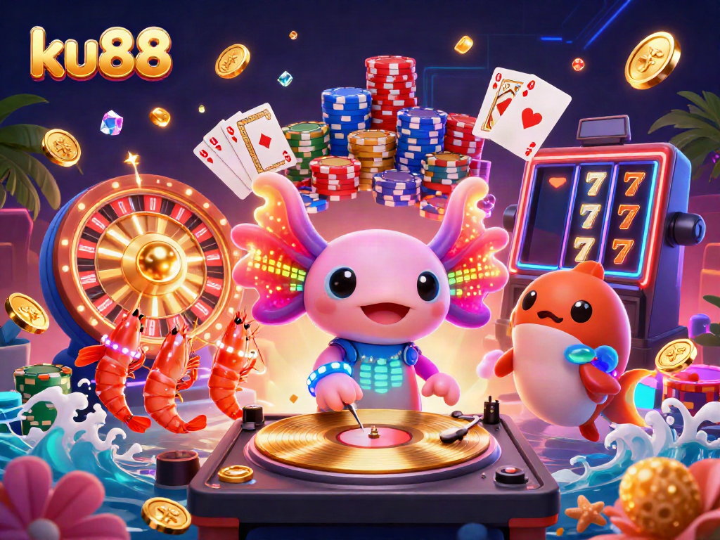 Experience the vibrant atmosphere at ku88 with a dynamic scene depicting a neon axolotl DJ, golden coins, and colorful gaming elements.