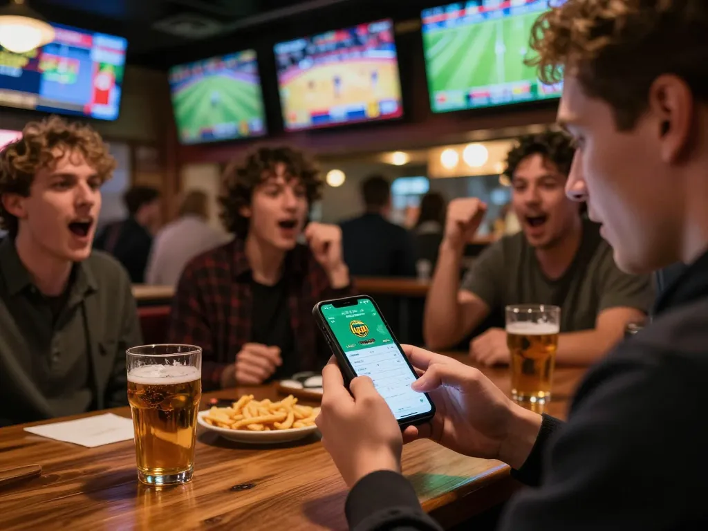 Engaging in kp88 bet app while surrounded by excited sports fans, showcasing a lively betting atmosphere.