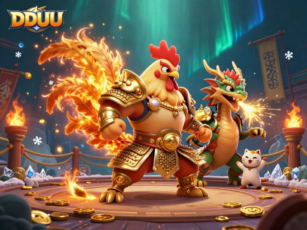 Play to win with DDUU in this vibrant 3D illustration showcasing an epic casino battle scene full of excitement.