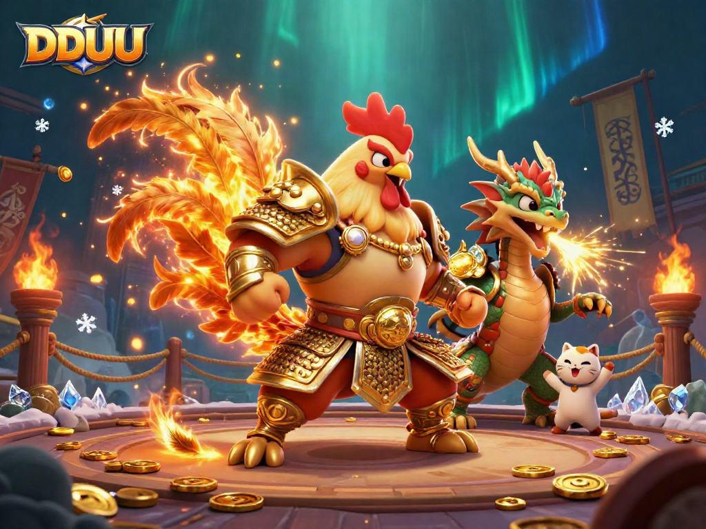 Play to win with DDUU in this vibrant 3D illustration showcasing an epic casino battle scene full of excitement.