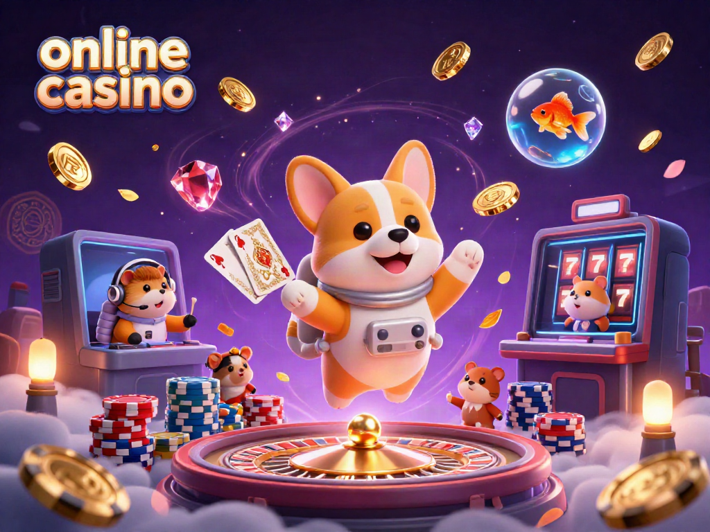 Experience the excitement of an online casino with a corgi astronaut and casino elements in space.