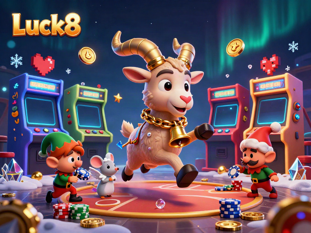 Luck8 showcases festive casino chaos as Krampus, an angel mouse, and gremlins create a lively gaming scene.