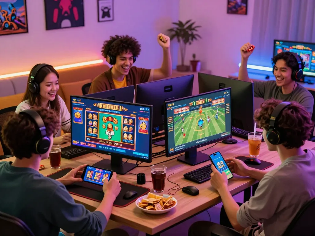 Friends enjoying TG 88 online gaming, showcasing excitement in a lively gaming room with multiple devices and colorful graphics.