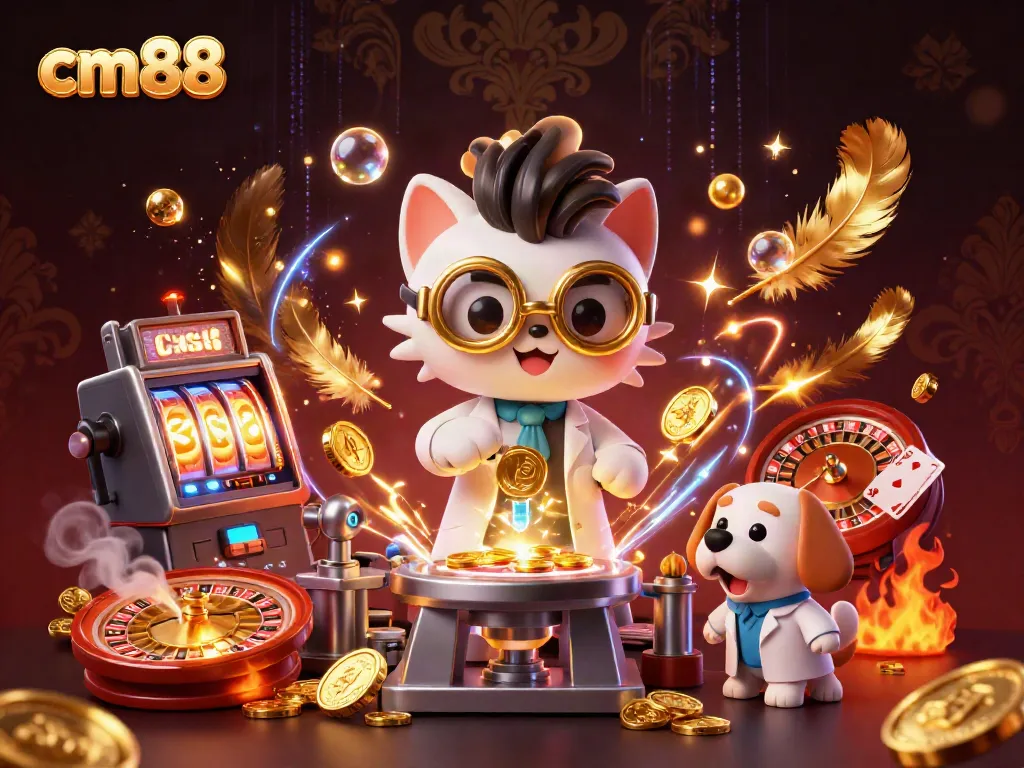 Engage in thrilling games at cm88, where a mad scientist cat and assistant create golden gains amidst exciting casino elements.