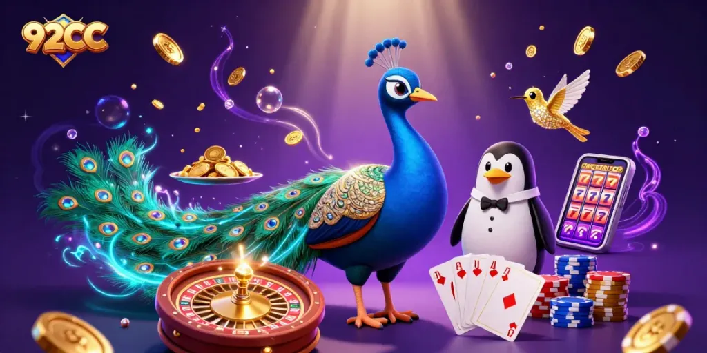92CC casino scene with peacock, butler penguin, and coins flying for epic gameplay