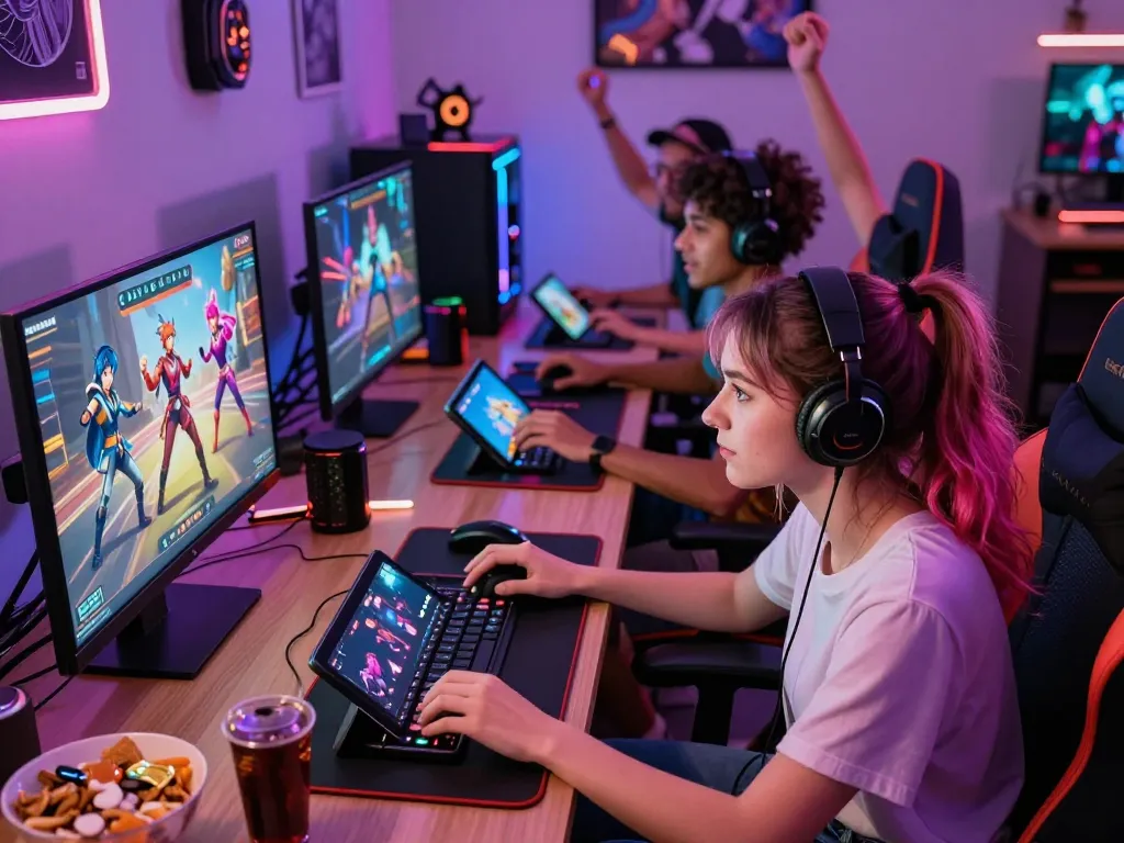 Group of gamers enjoying an adult game on multiple devices in a vibrant, energetic setting.