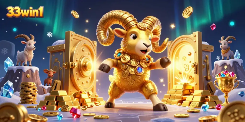 Experience thrilling wins and excitement at 33win1, featuring a golden ram charging at riches.