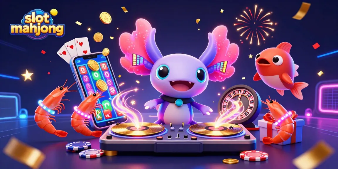 Engage with slot mahjong in this lively 3D illustration featuring dynamic characters and casino-themed elements.