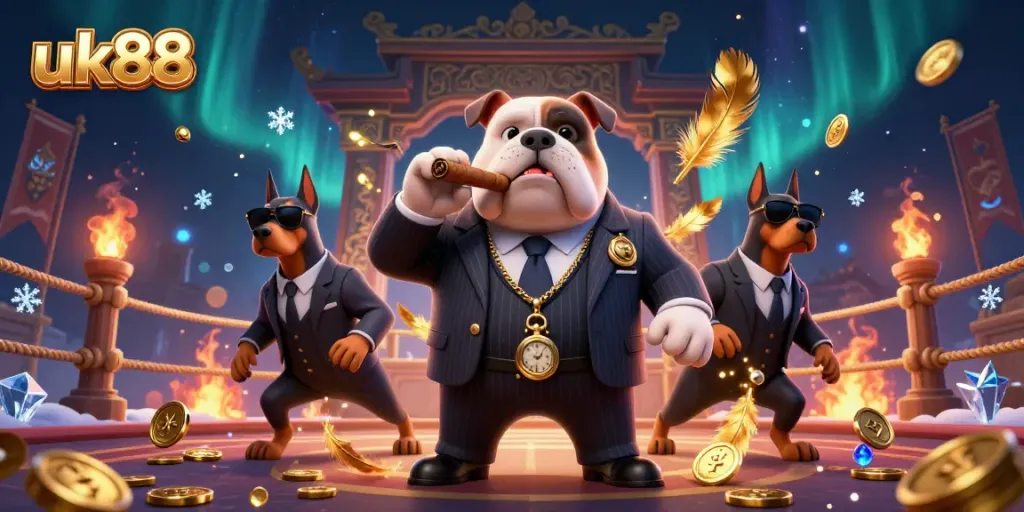 Engage in thrilling action at uk88, with a mafia bulldog and bodyguard Dobermans amid a vibrant casino scene.