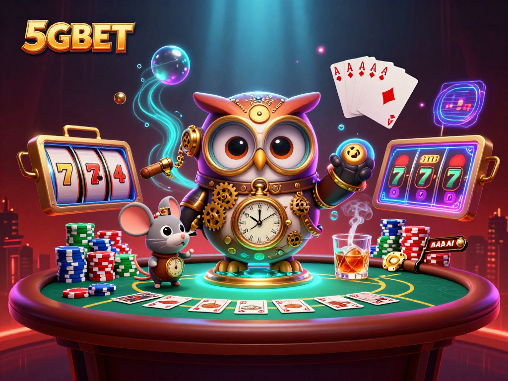 Experience the excitement of slots at 5GBET with engaging cartoon characters in a vibrant casino.