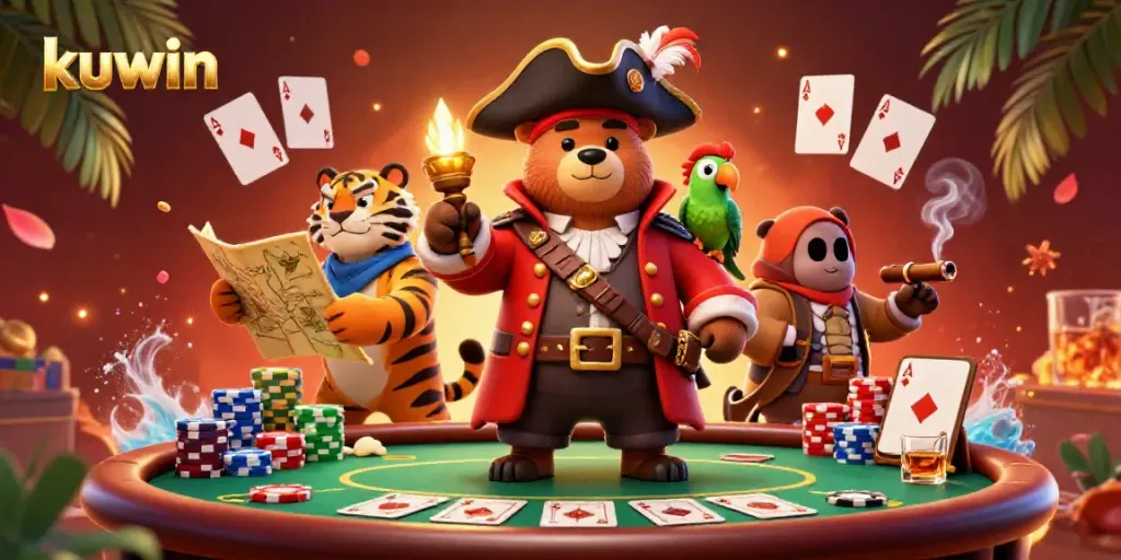 Kuwin casino scene with a pirate bear and tiger amidst vibrant poker gameplay.
