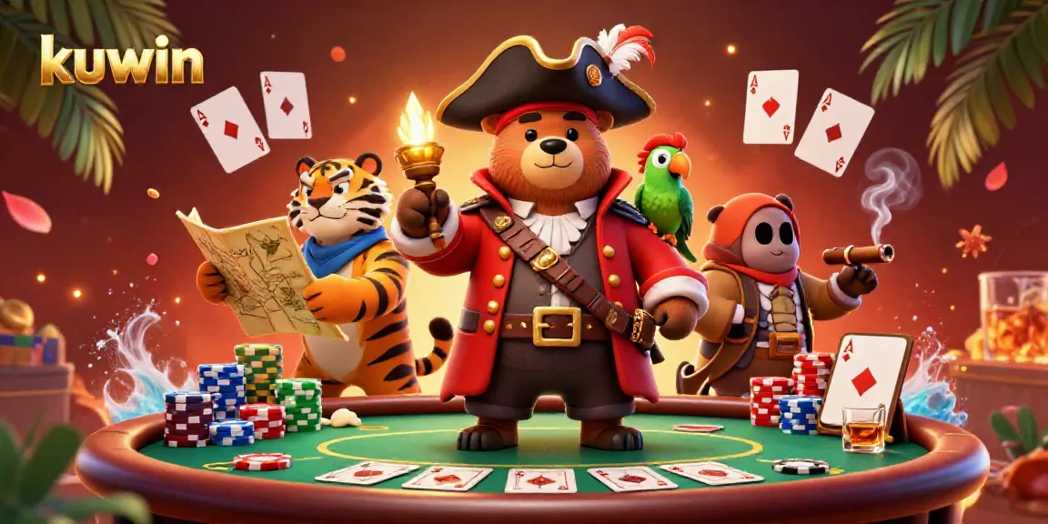 Kuwin casino scene with a pirate bear and tiger amidst vibrant poker gameplay.