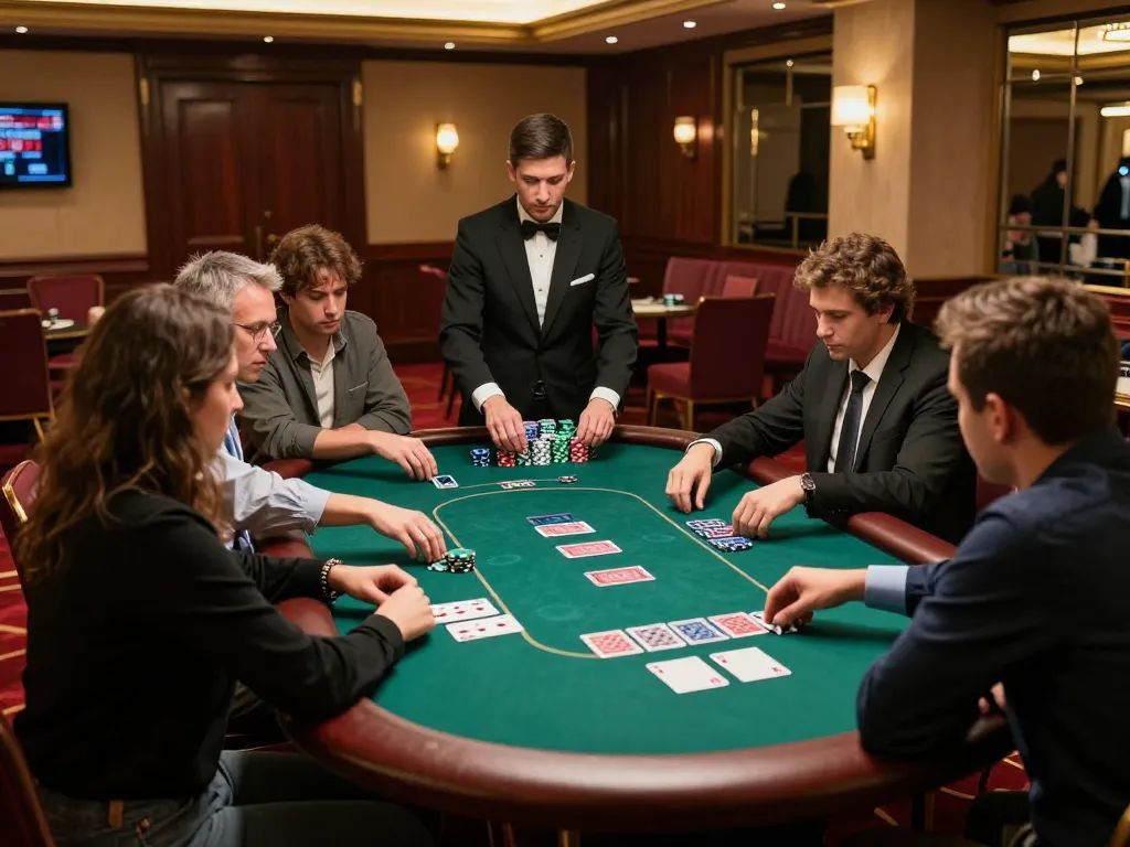 Experience the excitement of link Jun88 with players strategizing at a high-stakes poker table in a luxurious casino.