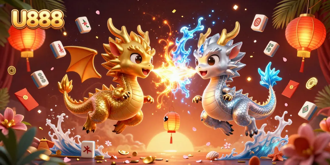 Engage with U888 through a vibrant, magical casino-themed illustration featuring dragons and casino elements.